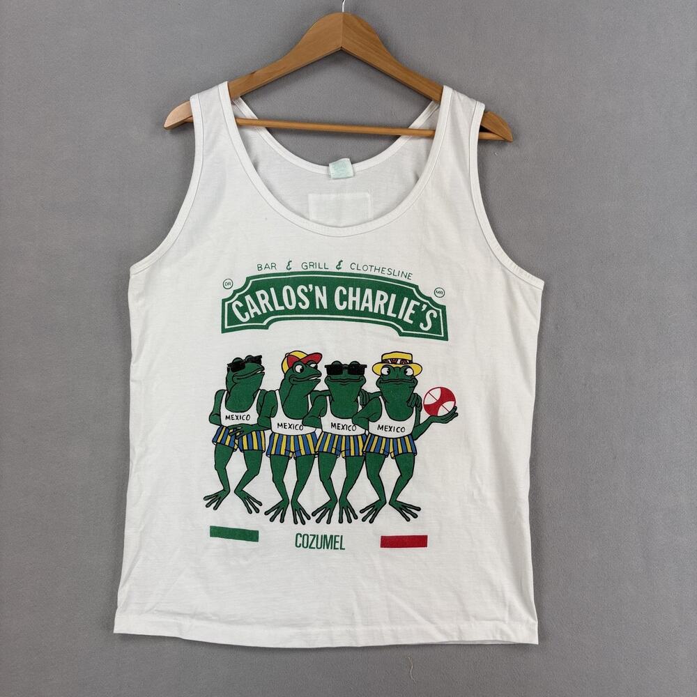Vintage Carlos'n Charlie's Shirt Size XL White Tank Top Frogs Cozumel Mexico